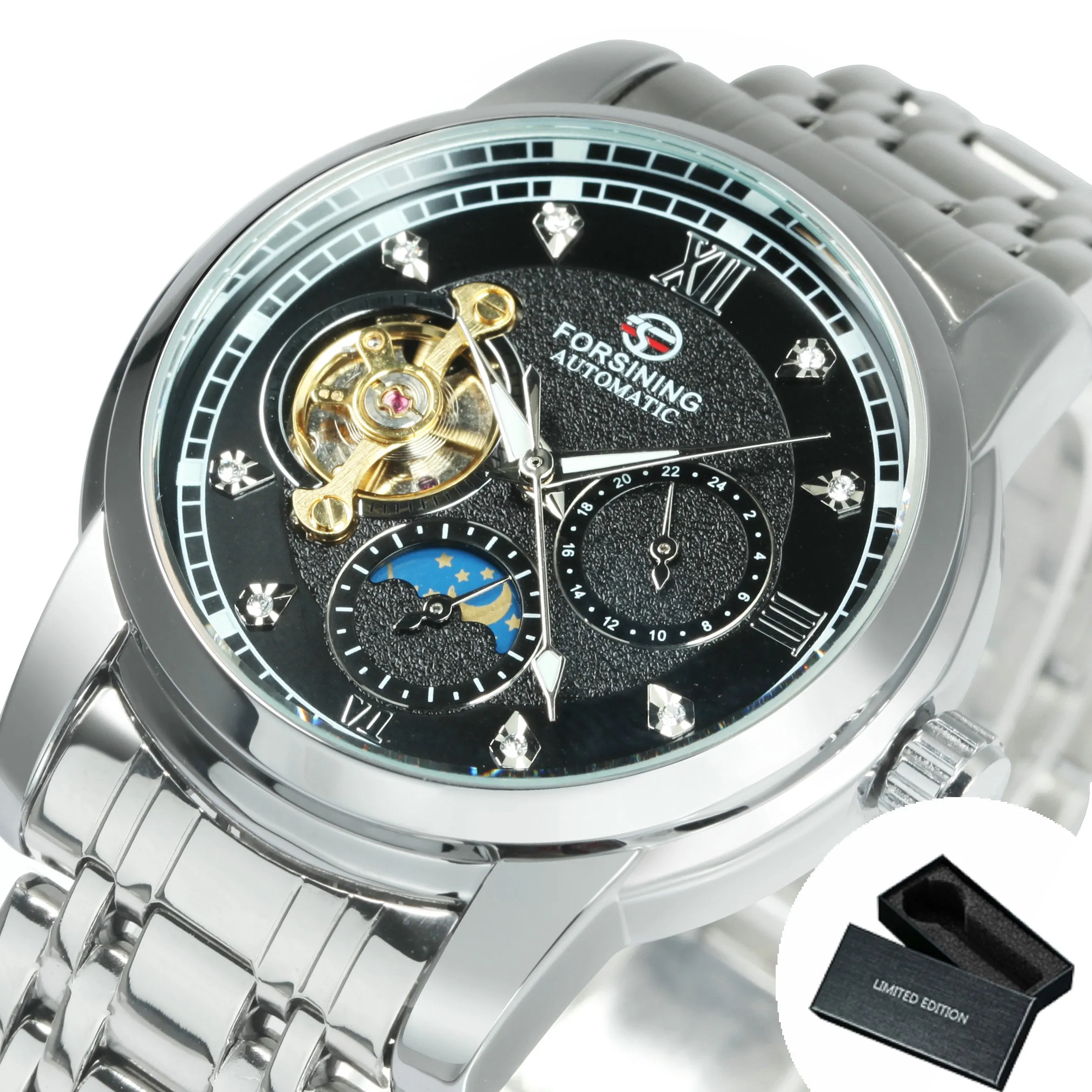 Forsining Tourbillon Moon Phase Skeleton Automatic Mechanical Watch for Men Fashion Diamond NO.6018S