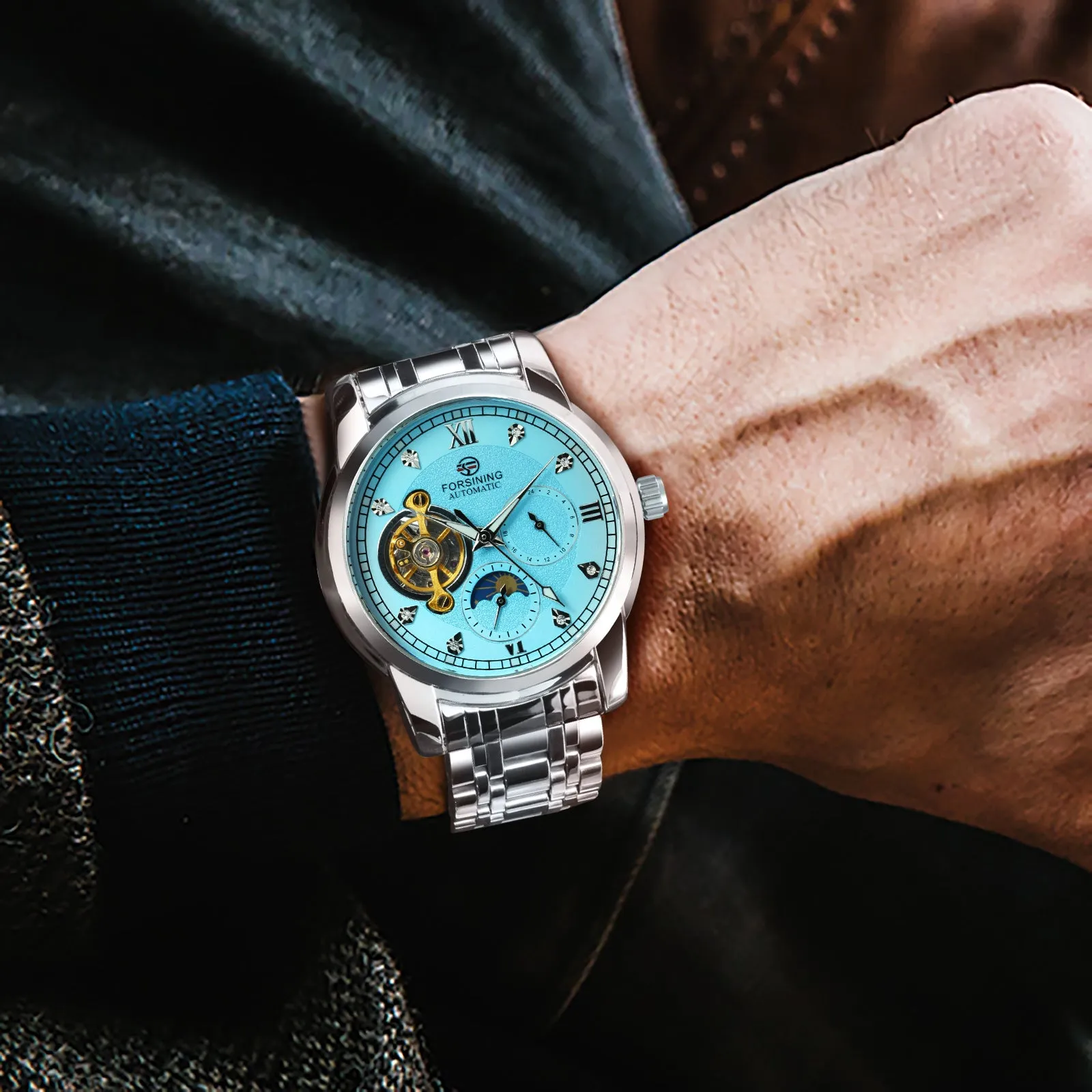Forsining Tourbillon Moon Phase Skeleton Automatic Mechanical Watch for Men Fashion Diamond NO.6018S