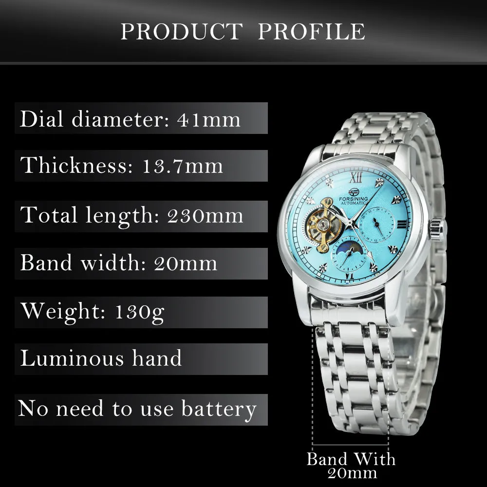 Forsining Tourbillon Moon Phase Skeleton Automatic Mechanical Watch for Men Fashion Diamond NO.6018S