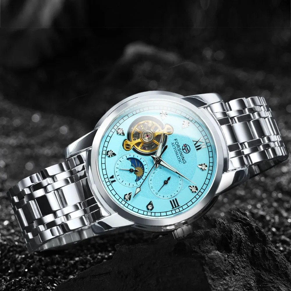 Forsining Tourbillon Moon Phase Skeleton Automatic Mechanical Watch for Men Fashion Diamond NO.6018S