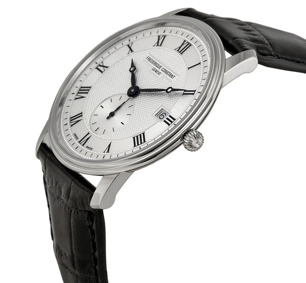 Frederique Constant Slimline Silver Dial Date Black Leather Strap Quartz Mens Watch FC-245M5S6
