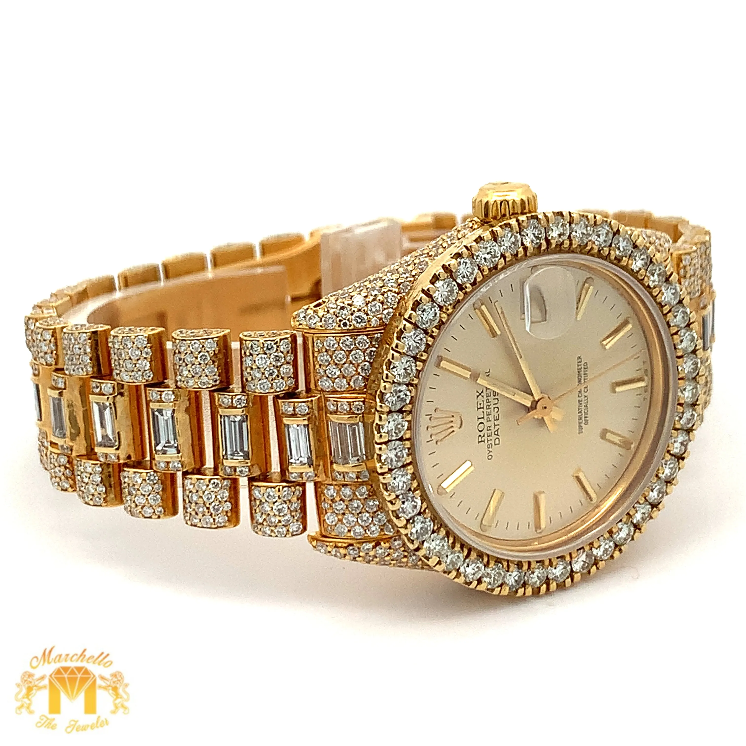 Iced out 31mm Rolex Presidential Watch with Baguettes and Round Diamonds