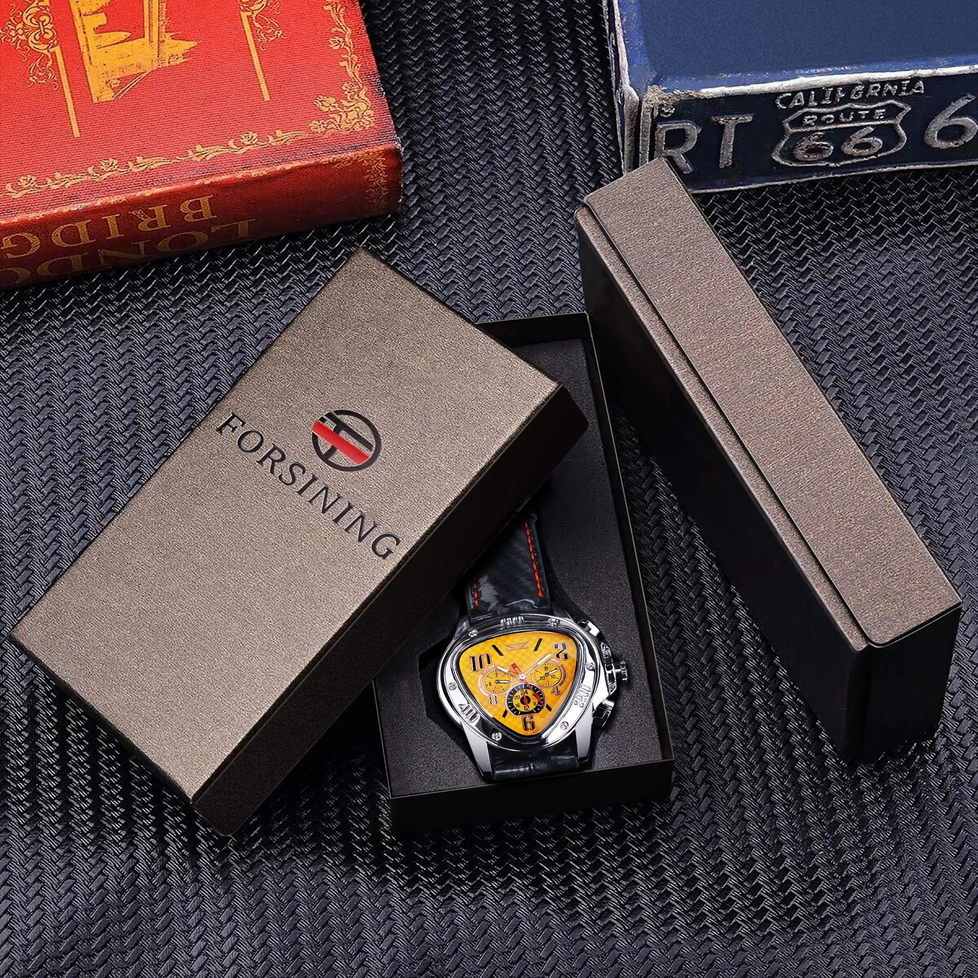JARAGAR Triangle Mechanical Watch Men Leather Strap Watches Irregular Automatic Wristwatch 3 Dials Design With Luminous Pointers