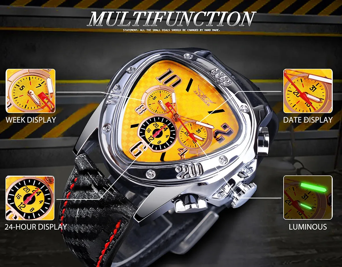 JARAGAR Triangle Mechanical Watch Men Leather Strap Watches Irregular Automatic Wristwatch 3 Dials Design With Luminous Pointers
