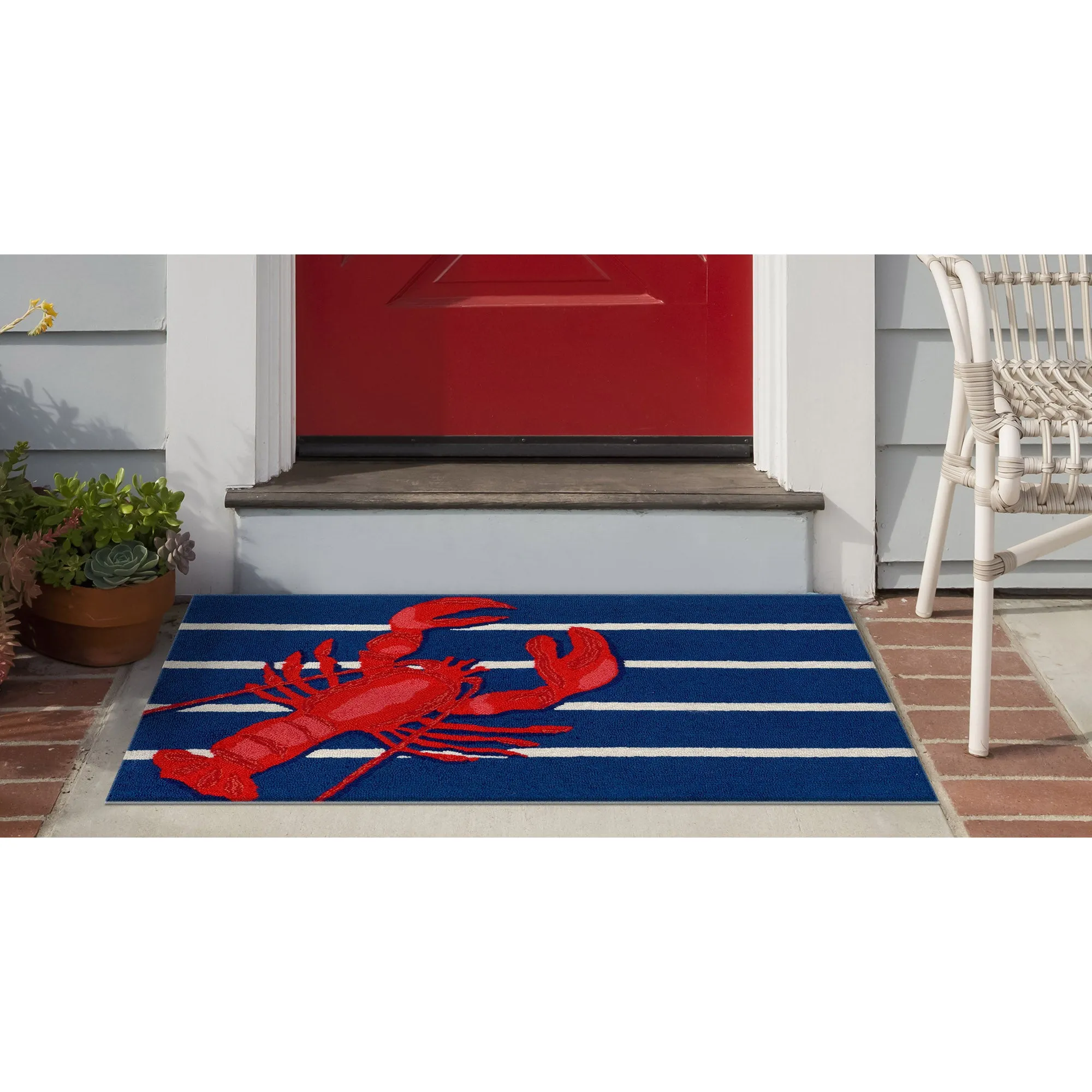 Liora Manne Frontporch Lobster on Stripes Indoor/Outdoor Rug Navy