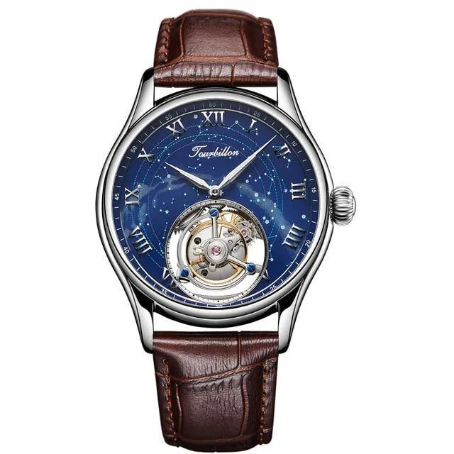 Luxury Business Men's Starry Tourbillon Mechanical Watches Sapphire Clock Tourbillon Hollow Movement Man Watch Genuine Leather