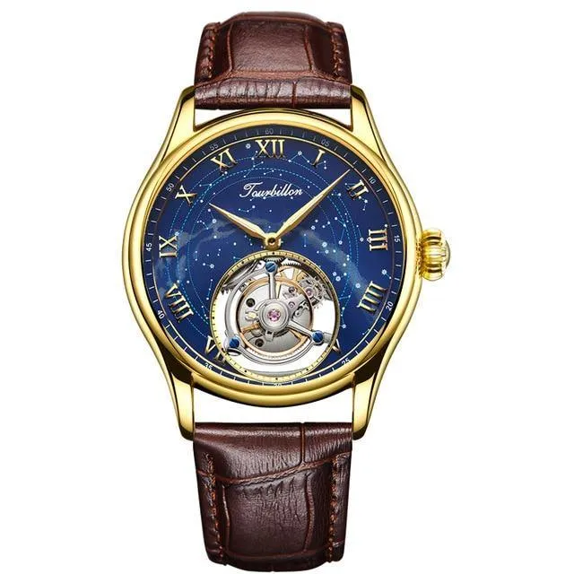 Luxury Business Men's Starry Tourbillon Mechanical Watches Sapphire Clock Tourbillon Hollow Movement Man Watch Genuine Leather