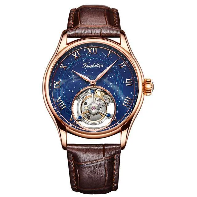 Luxury Business Men's Starry Tourbillon Mechanical Watches Sapphire Clock Tourbillon Hollow Movement Man Watch Genuine Leather