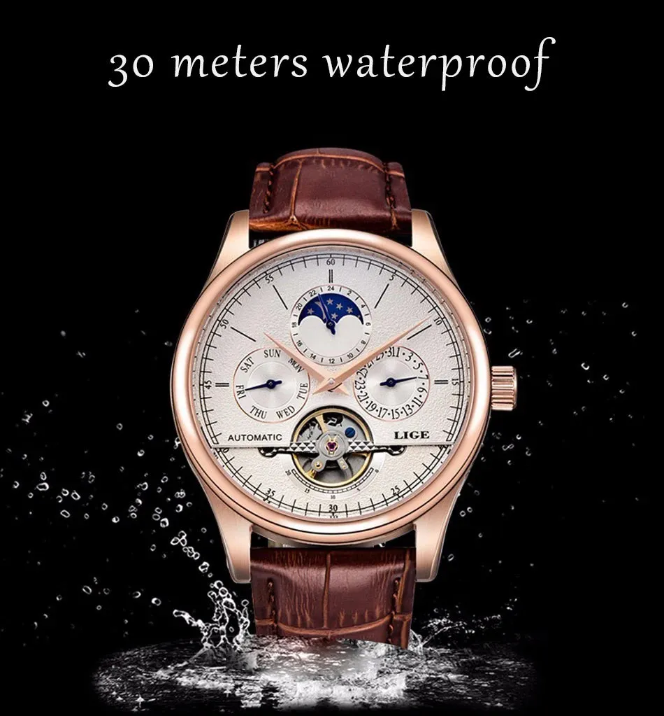 Men's Mechanical Tourbillon Clock Genuine Leather Waterproof Watch