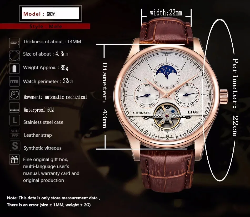 Men's Mechanical Tourbillon Clock Genuine Leather Waterproof Watch