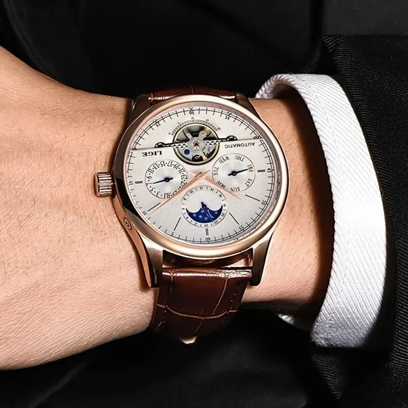 Men's Mechanical Tourbillon Clock Genuine Leather Waterproof Watch