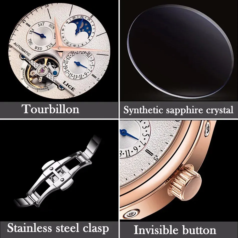 Men's Mechanical Tourbillon Clock Genuine Leather Waterproof Watch