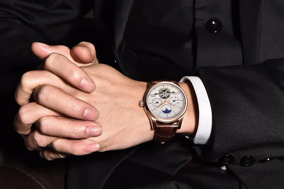 Men's Mechanical Tourbillon Clock Genuine Leather Waterproof Watch