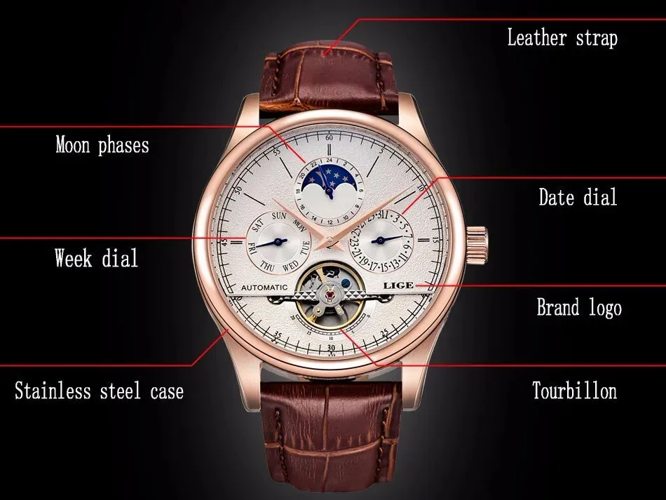 Men's Mechanical Tourbillon Clock Genuine Leather Waterproof Watch