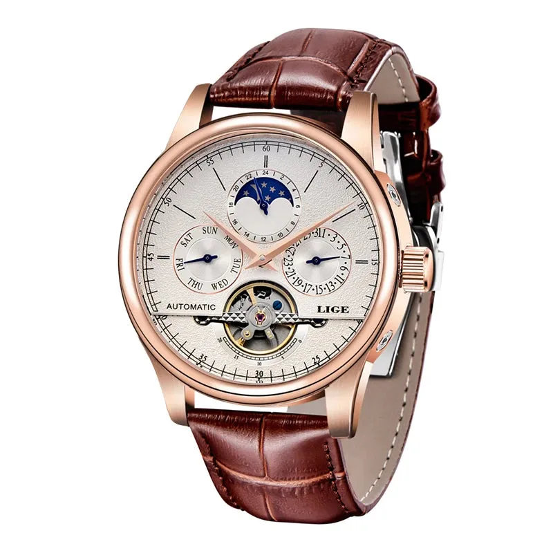 Men's Mechanical Tourbillon Clock Genuine Leather Waterproof Watch