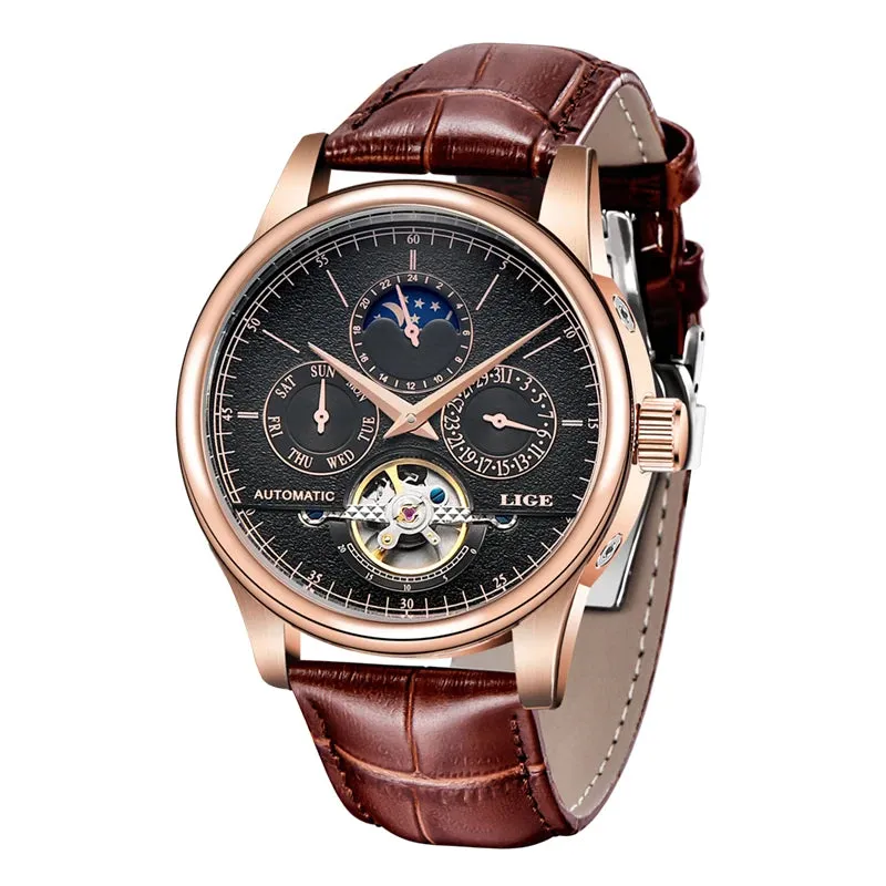 Men's Mechanical Tourbillon Clock Genuine Leather Waterproof Watch