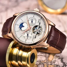Men's Mechanical Tourbillon Clock Genuine Leather Waterproof Watch