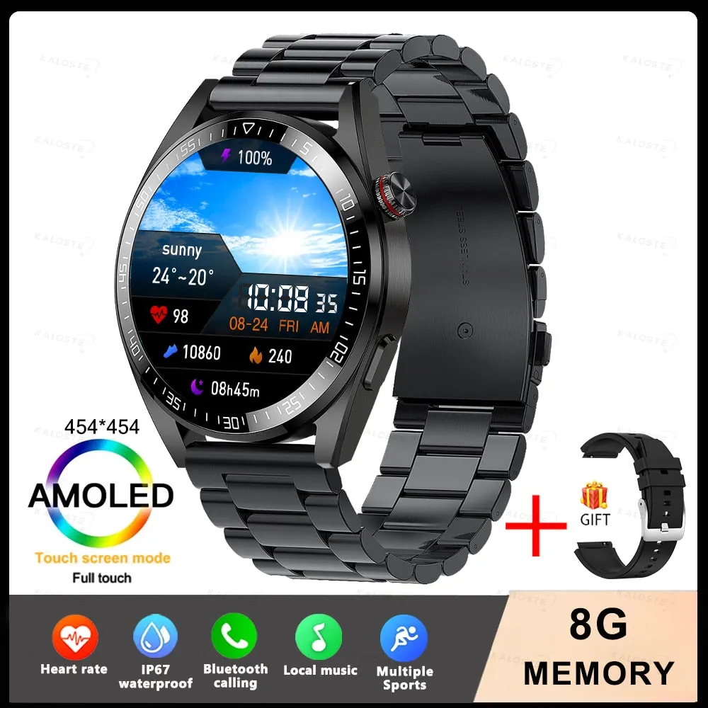 New Smart Watch Mens 8G Memory Local Music Player 454*454 AMOLED Screen Bluetooth Call Sports Man Smartwatch For Samsung Huawei