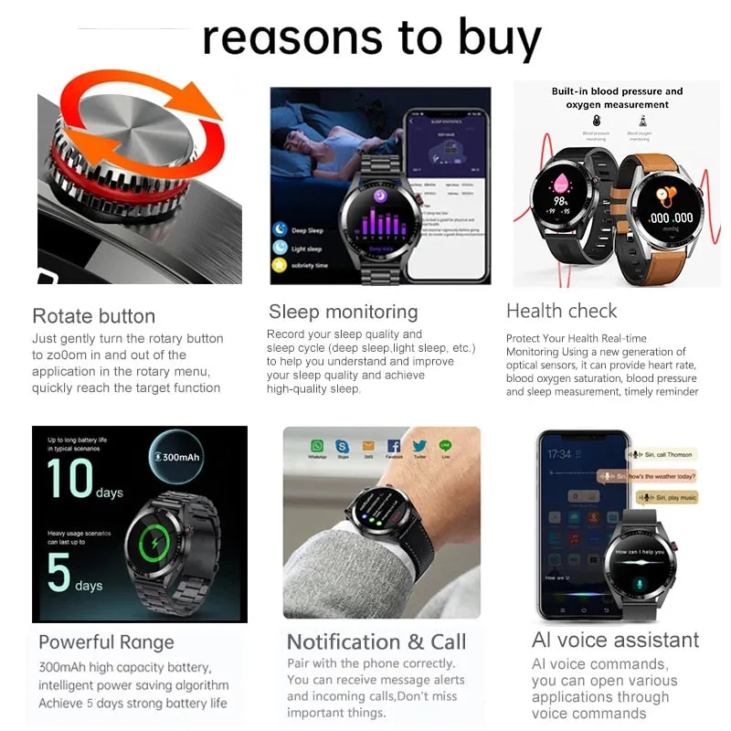 New Smart Watch Mens 8G Memory Local Music Player 454*454 AMOLED Screen Bluetooth Call Sports Man Smartwatch For Samsung Huawei