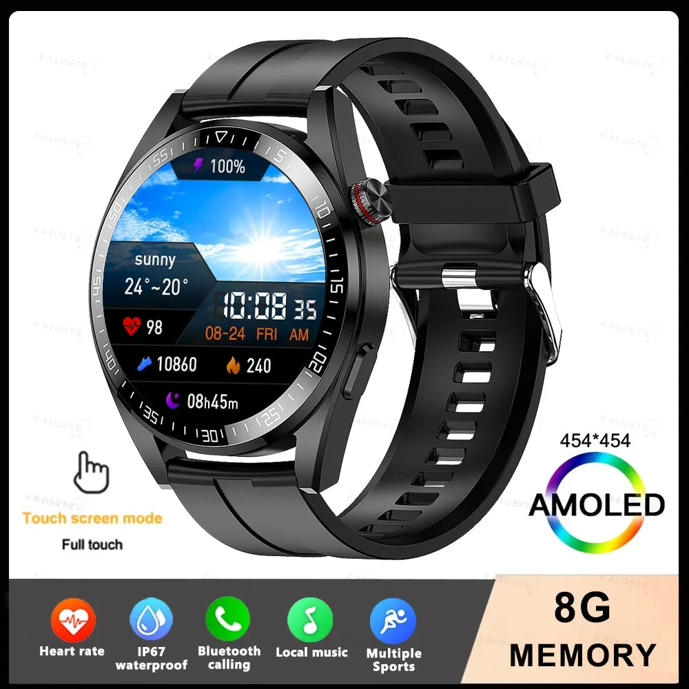 New Smart Watch Mens 8G Memory Local Music Player 454*454 AMOLED Screen Bluetooth Call Sports Man Smartwatch For Samsung Huawei