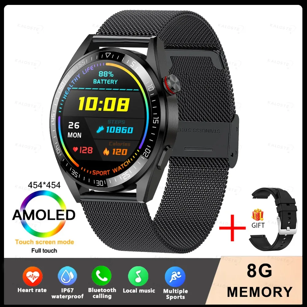 New Smart Watch Mens 8G Memory Local Music Player 454*454 AMOLED Screen Bluetooth Call Sports Man Smartwatch For Samsung Huawei