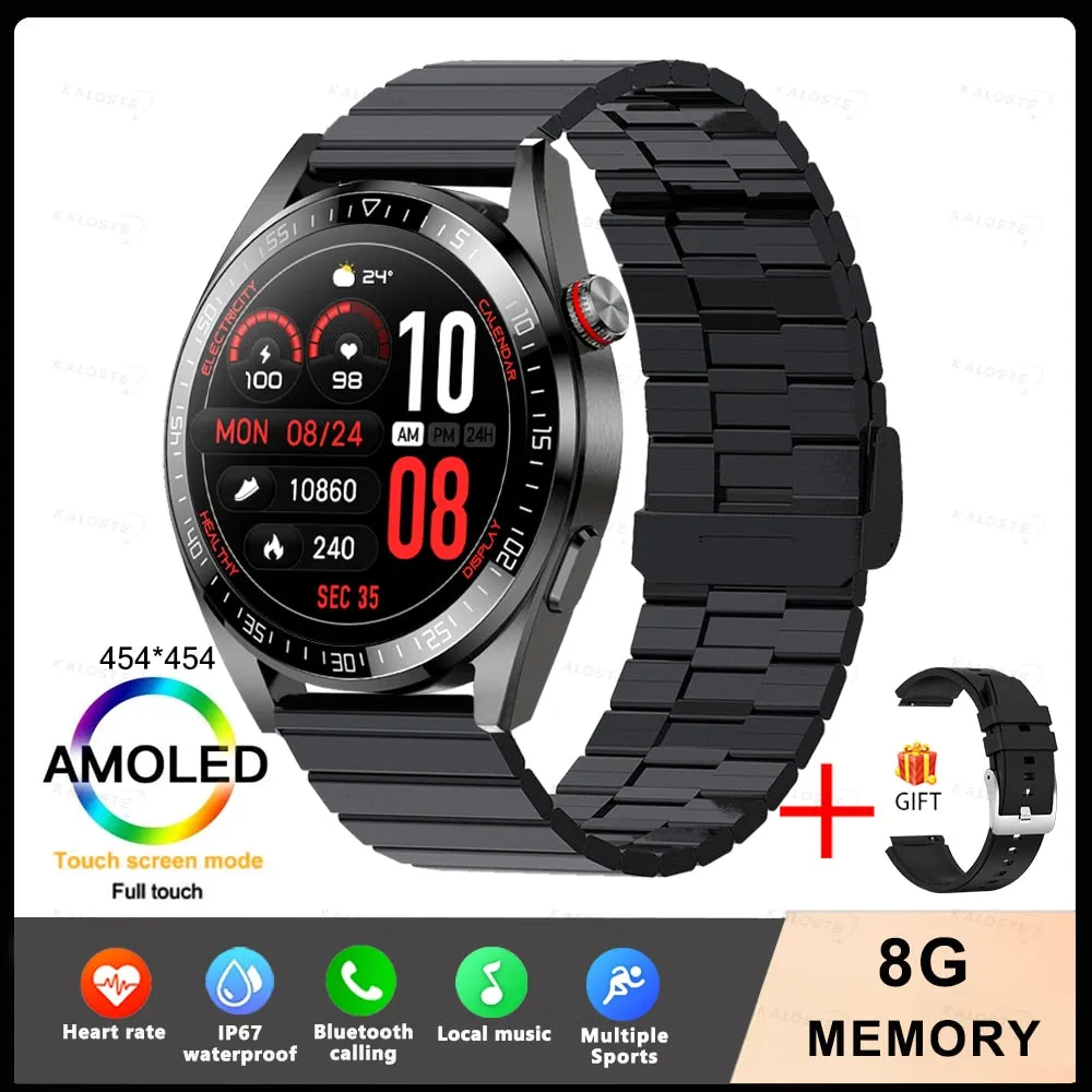 New Smart Watch Mens 8G Memory Local Music Player 454*454 AMOLED Screen Bluetooth Call Sports Man Smartwatch For Samsung Huawei