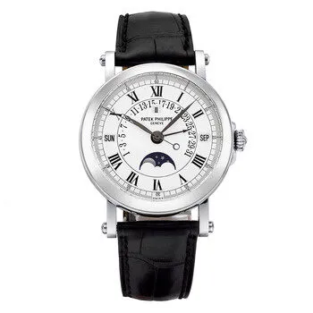 Patek Philippe Perpetual Calendar Silver Dial 18kt White Gold Black Leather Men's Watch 5059G