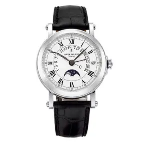 Patek Philippe Perpetual Calendar Silver Dial 18kt White Gold Black Leather Men's Watch 5059G
