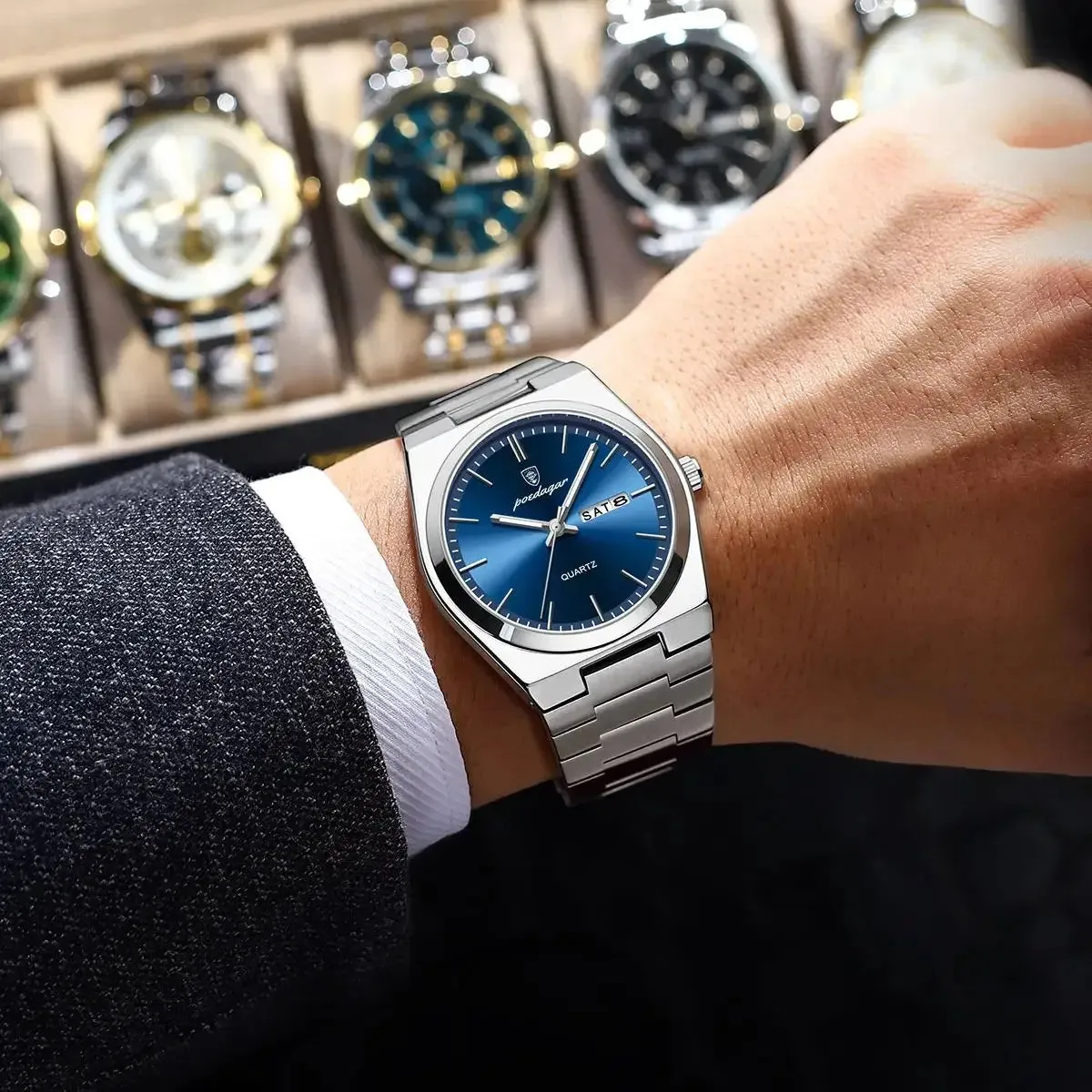 POEDAGAR Luxury Watch For men  Waterproof Luminous Date Week Stainless Steel Men Watch Casual Quartz  box
