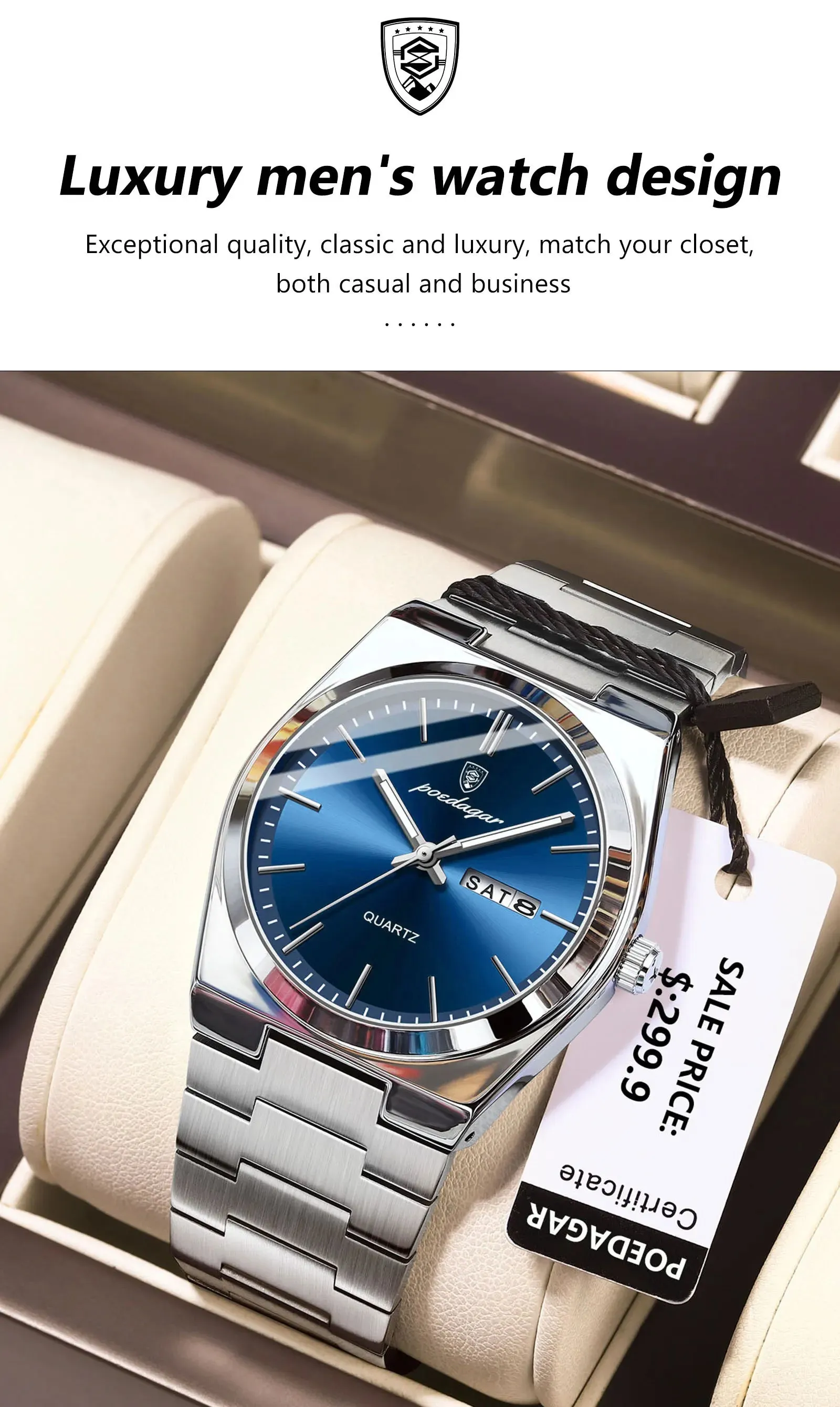POEDAGAR Luxury Watch For men  Waterproof Luminous Date Week Stainless Steel Men Watch Casual Quartz  box