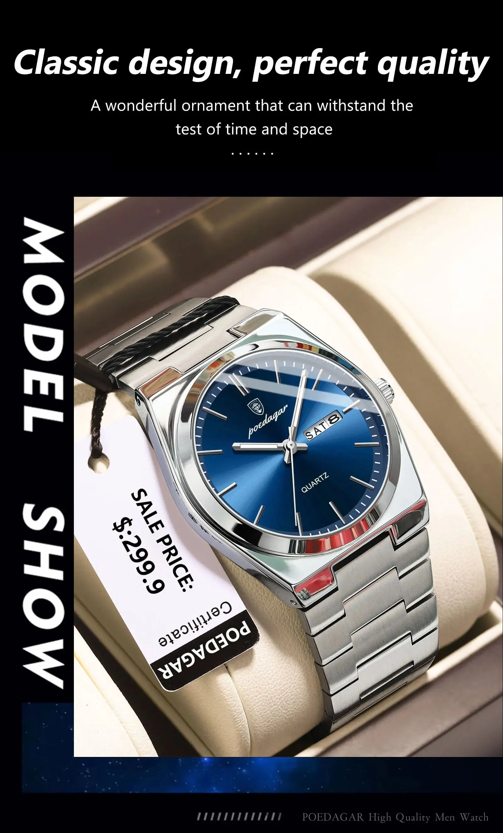 POEDAGAR Luxury Watch For men  Waterproof Luminous Date Week Stainless Steel Men Watch Casual Quartz  box
