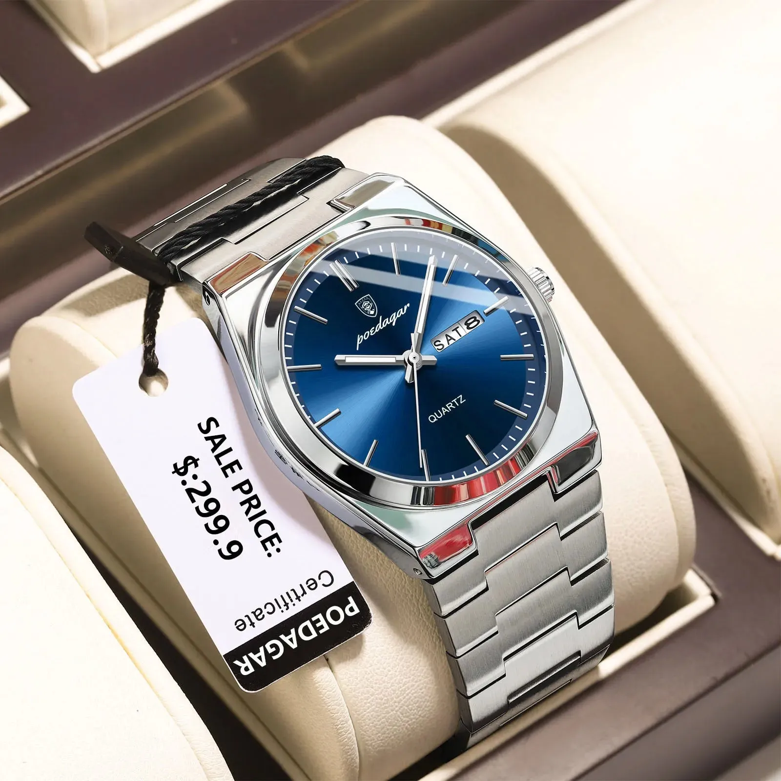 POEDAGAR Luxury Watch For men  Waterproof Luminous Date Week Stainless Steel Men Watch Casual Quartz  box