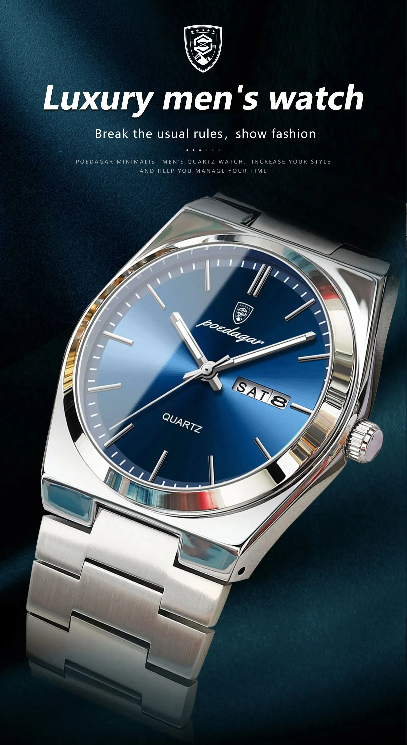 POEDAGAR Luxury Watch For men  Waterproof Luminous Date Week Stainless Steel Men Watch Casual Quartz  box