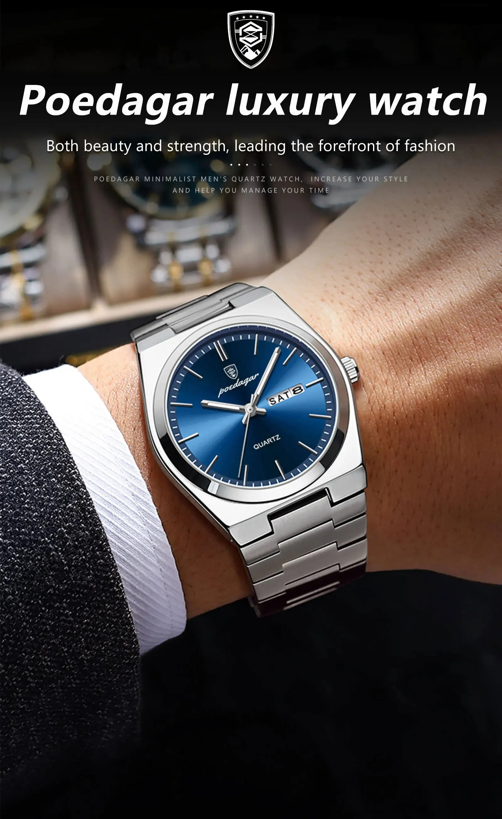 POEDAGAR Luxury Watch For men  Waterproof Luminous Date Week Stainless Steel Men Watch Casual Quartz  box