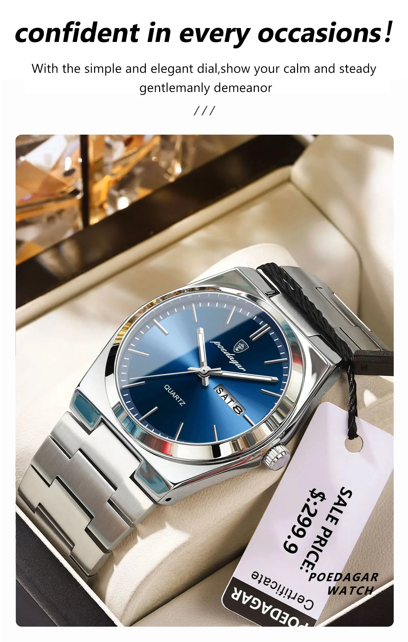 POEDAGAR Luxury Watch For men  Waterproof Luminous Date Week Stainless Steel Men Watch Casual Quartz  box