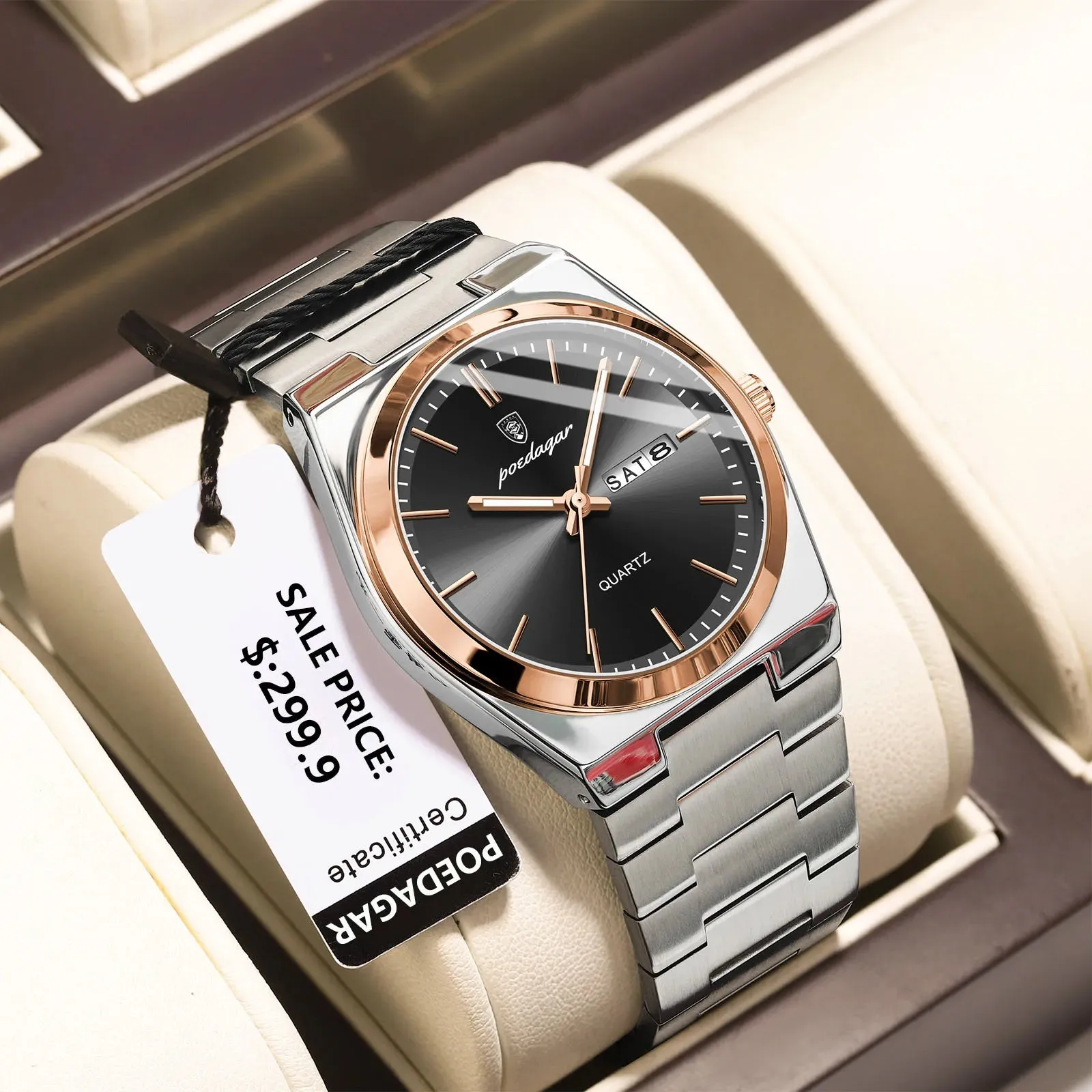 POEDAGAR Luxury Watch For men  Waterproof Luminous Date Week Stainless Steel Men Watch Casual Quartz  box