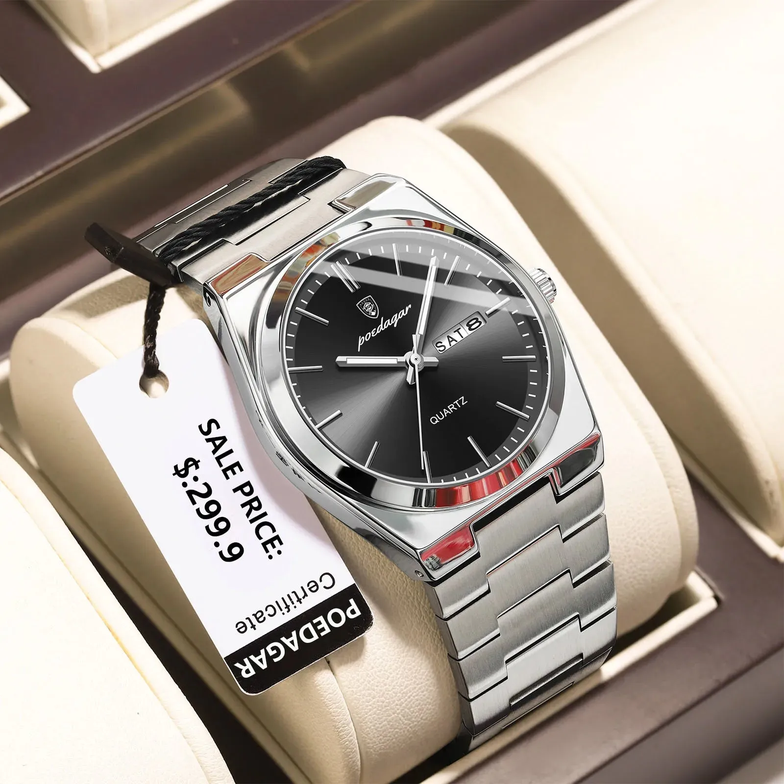 POEDAGAR Luxury Watch For men  Waterproof Luminous Date Week Stainless Steel Men Watch Casual Quartz  box