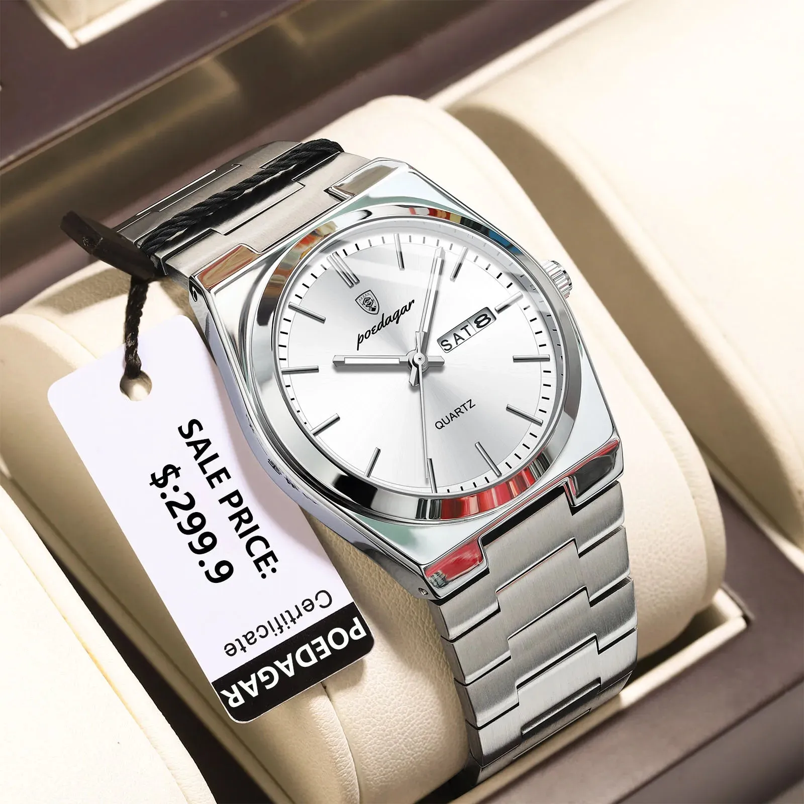 POEDAGAR Luxury Watch For men  Waterproof Luminous Date Week Stainless Steel Men Watch Casual Quartz  box