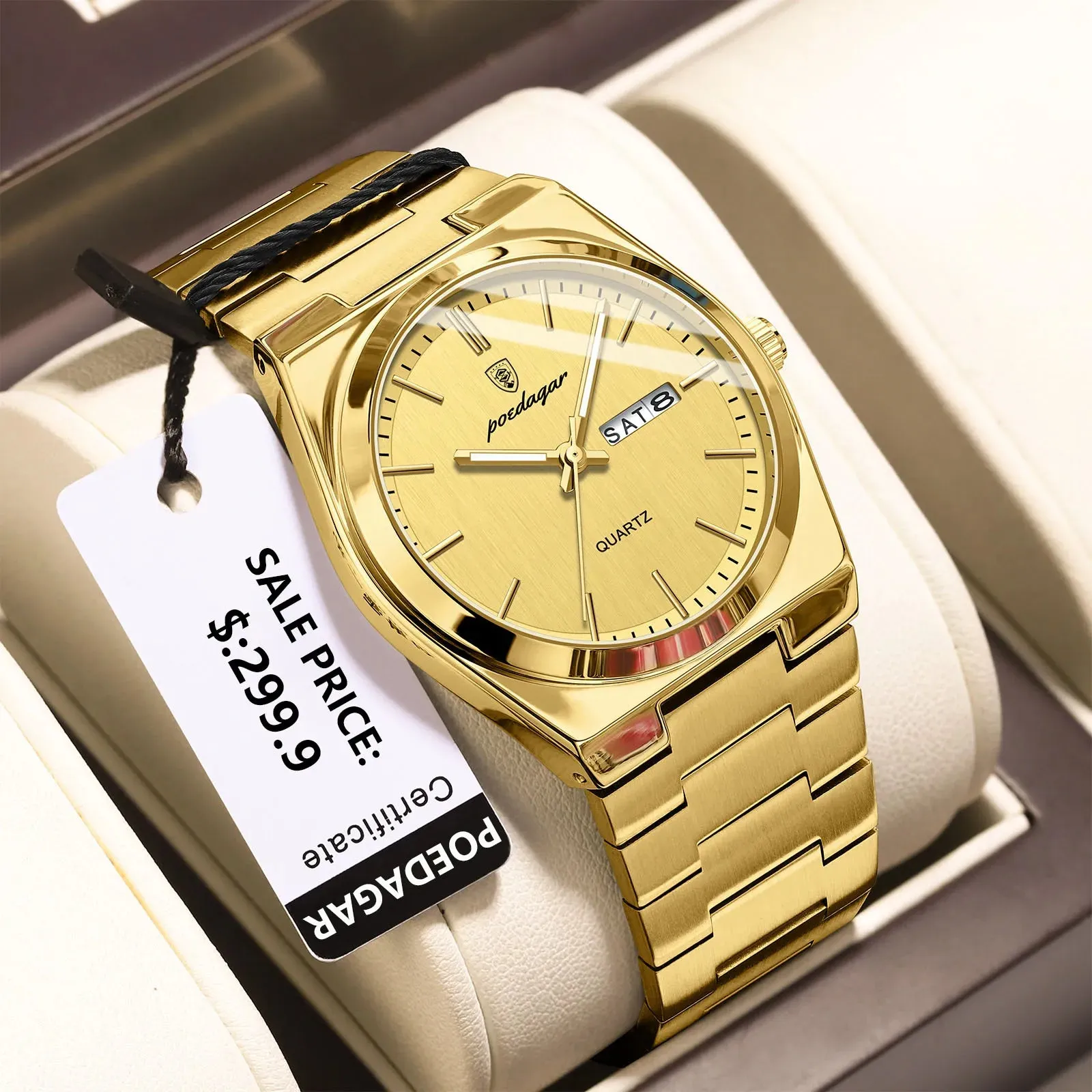 POEDAGAR Luxury Watch For men  Waterproof Luminous Date Week Stainless Steel Men Watch Casual Quartz  box
