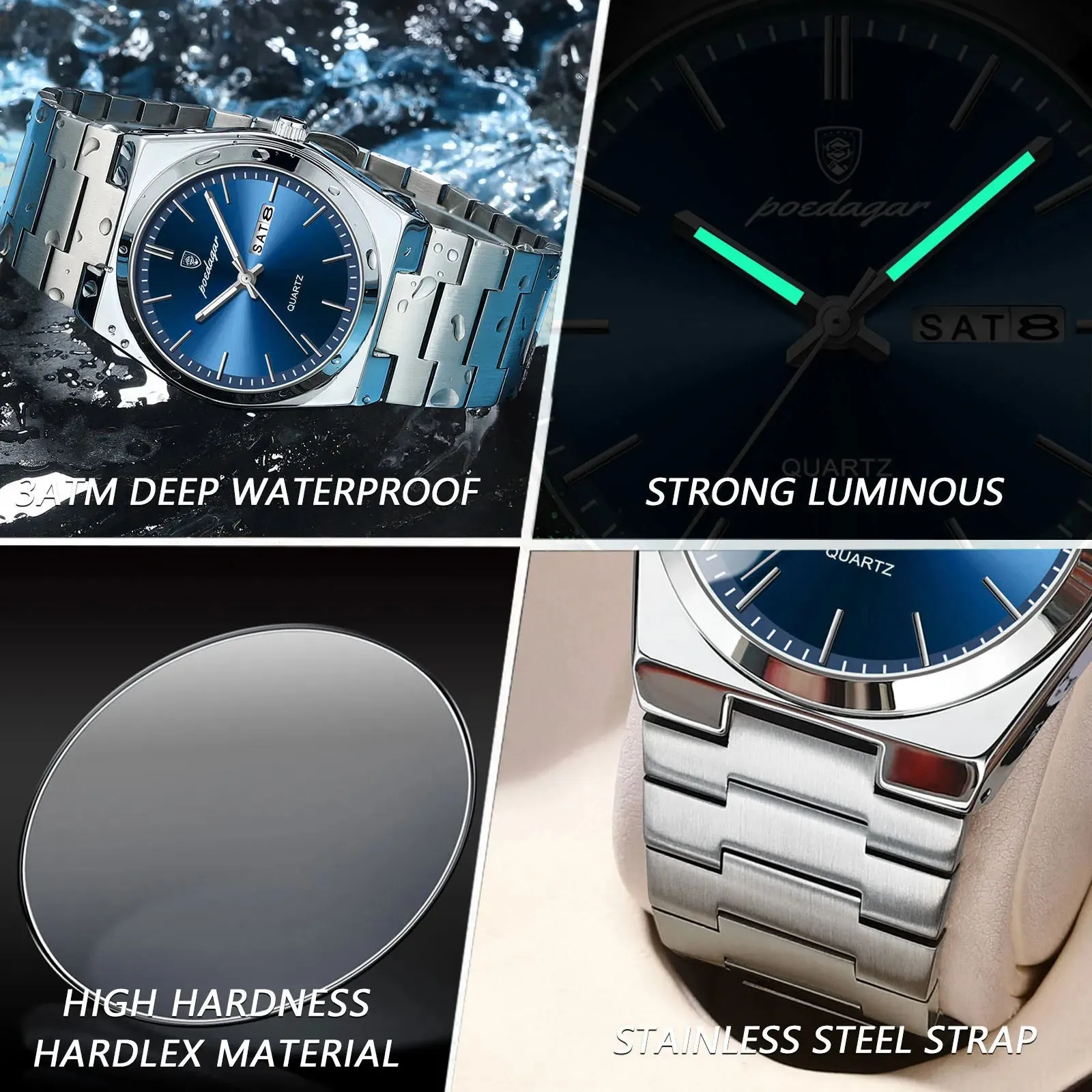 POEDAGAR Luxury Watch For men  Waterproof Luminous Date Week Stainless Steel Men Watch Casual Quartz  box