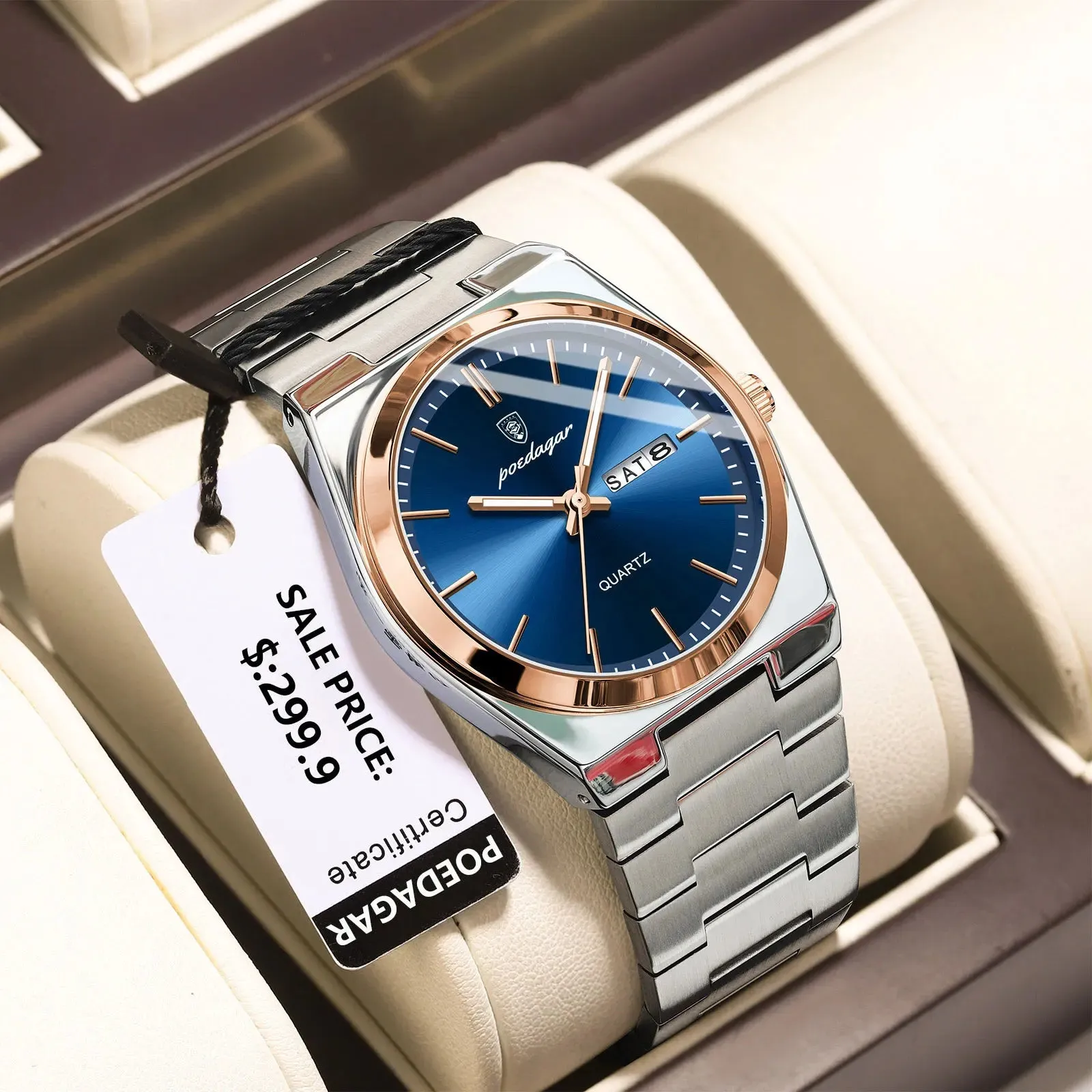 POEDAGAR Luxury Watch For men  Waterproof Luminous Date Week Stainless Steel Men Watch Casual Quartz  box