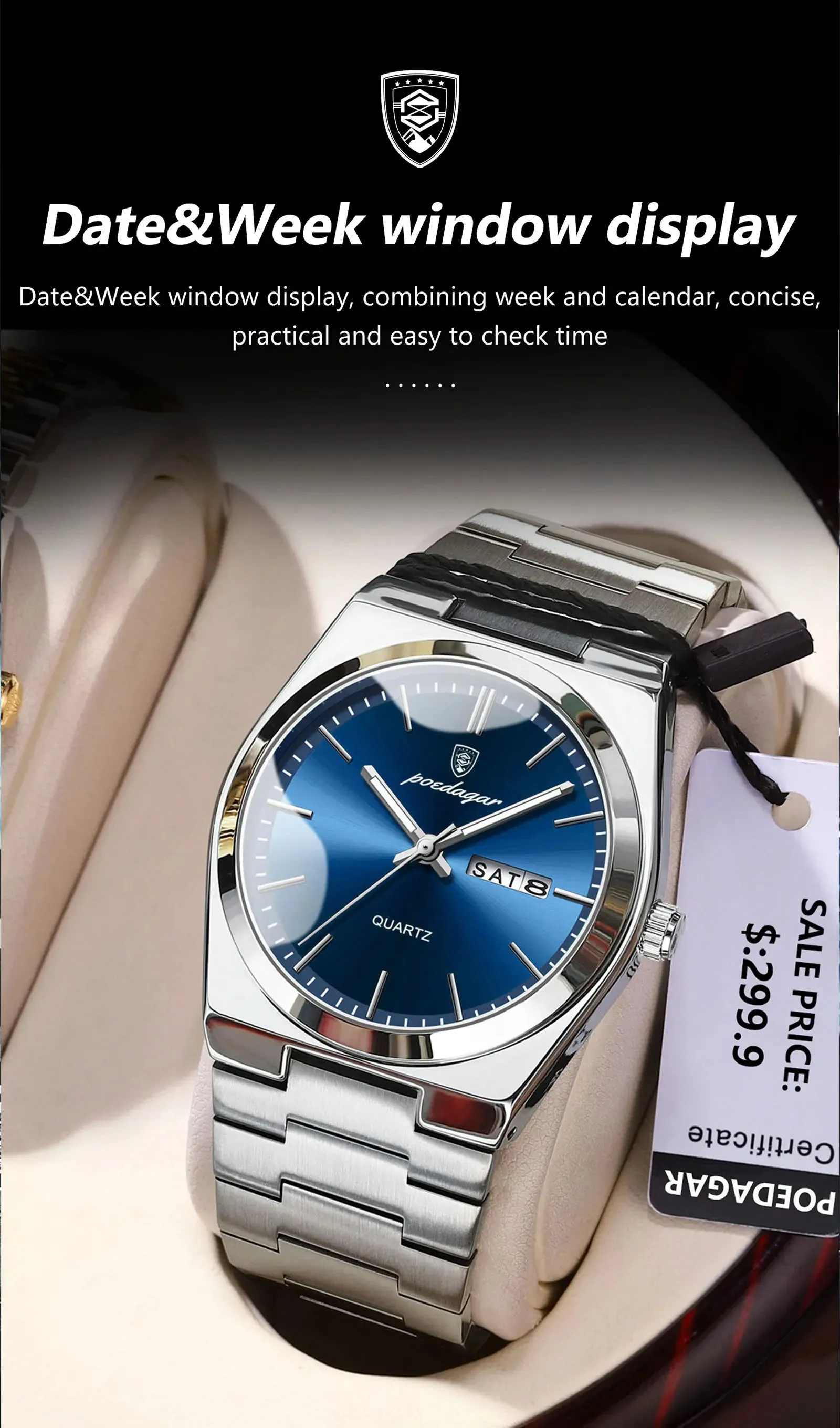 POEDAGAR Luxury Watch For men  Waterproof Luminous Date Week Stainless Steel Men Watch Casual Quartz  box