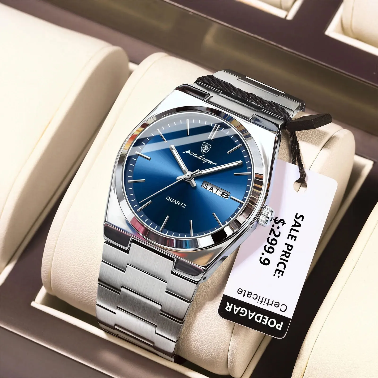 POEDAGAR Luxury Watch For men  Waterproof Luminous Date Week Stainless Steel Men Watch Casual Quartz  box