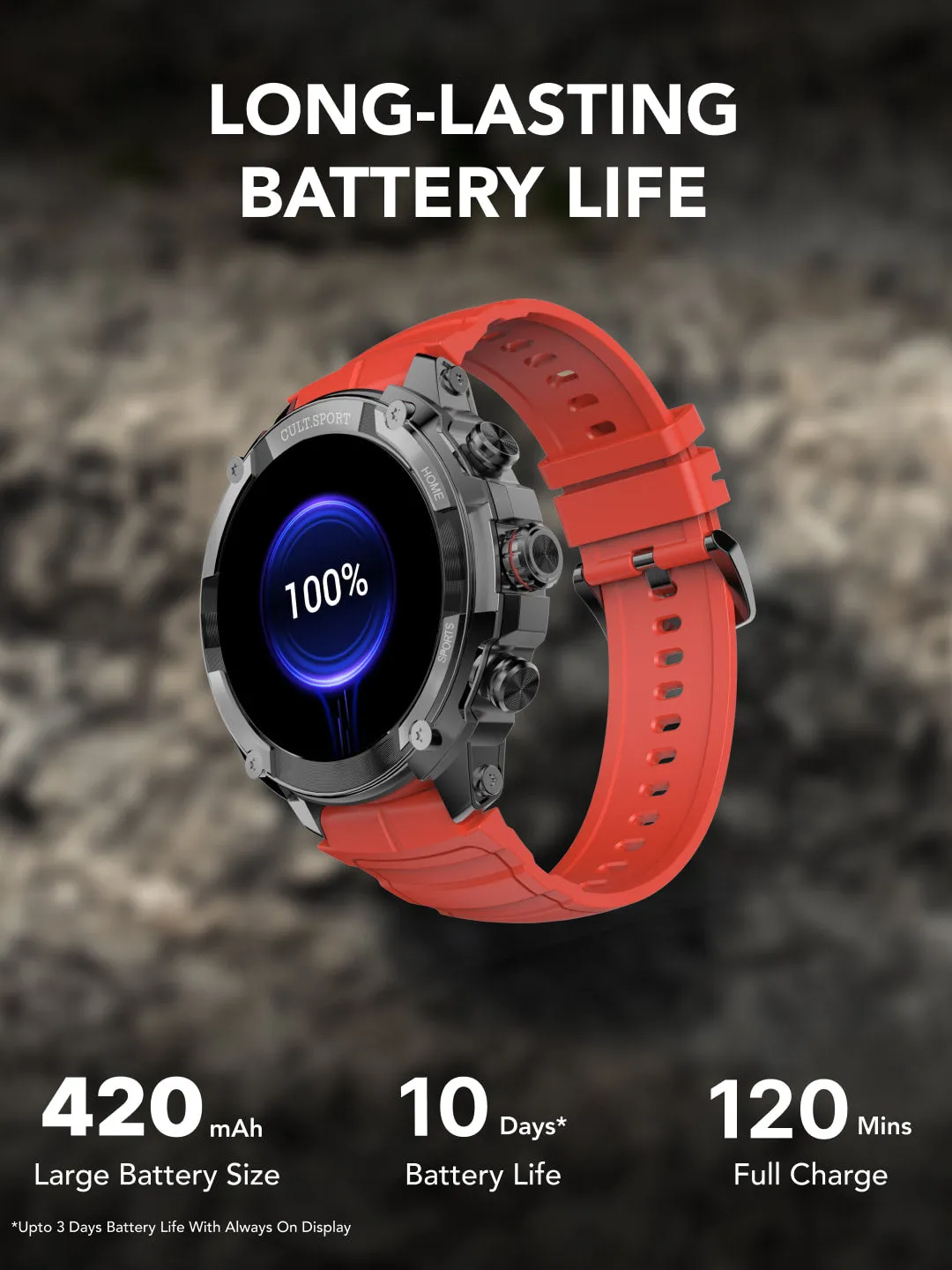 Ranger XR 1.43" AMOLED Outdoor Rugged Bluetooth Calling, 850 NITS, 10 Days Battery Life, Automatic Sports Recognition, Functional Crown, Always on Display (RED)