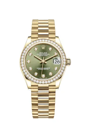 Rolex Datejust 31 Olive Green Diamond Dial Ladies 18kt Yellow Gold President Watch 278288GNDP