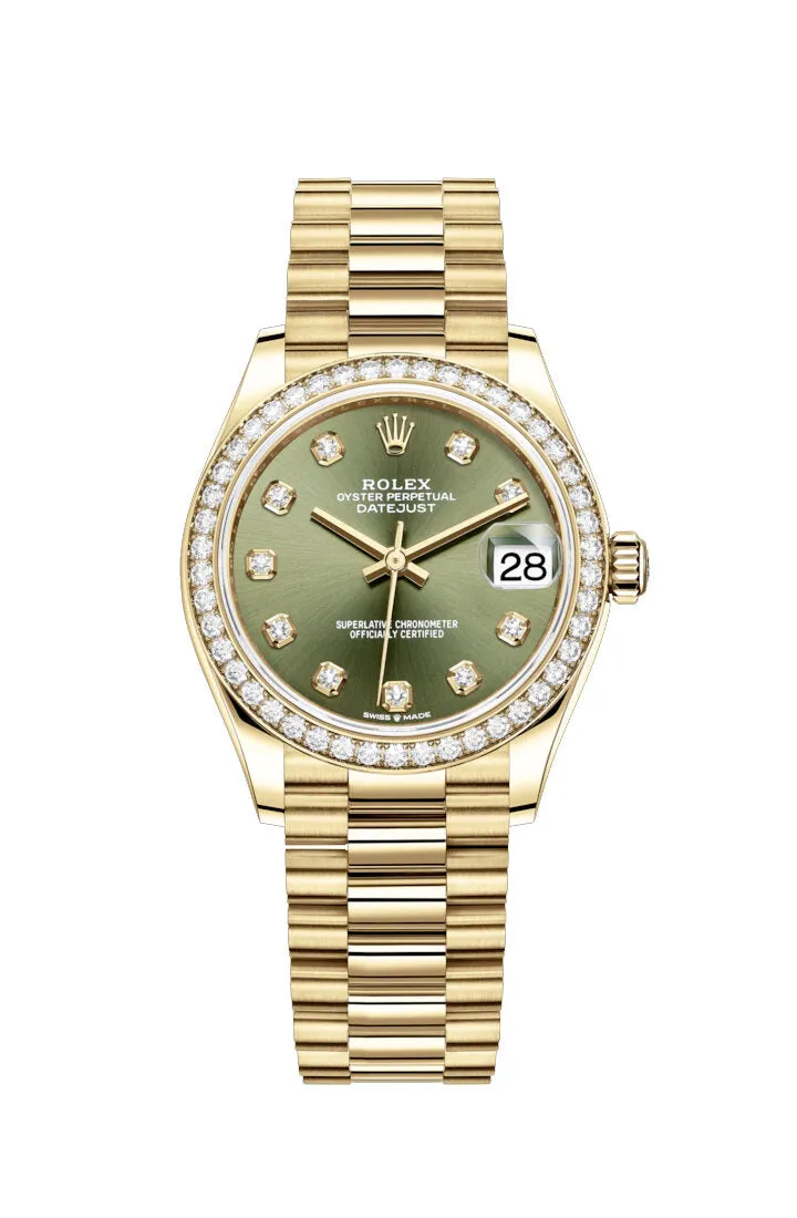 Rolex Datejust 31 Olive Green Diamond Dial Ladies 18kt Yellow Gold President Watch 278288GNDP