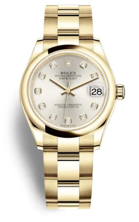 Rolex Datejust 31 Silver Diamond Dial Automatic Ladies 18kt Yellow Gold Oyster Watch 278248SDO