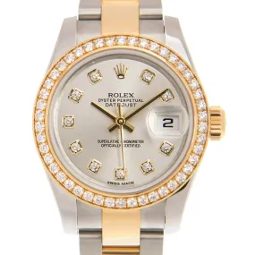 Rolex Lady Datejust Silver Diamond Dial Steel and 18K Yellow Gold Automatic Watch 179383SDO