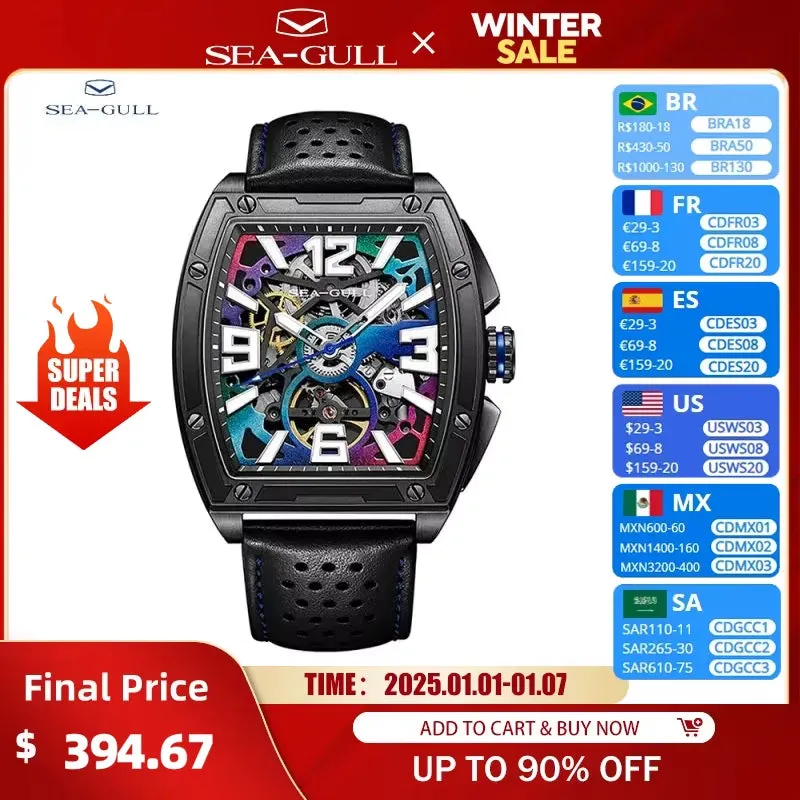 Seagull Men'S Watch Mechanical Hollow Sports Wristwatch Waterproof 5Bar Luminous 42Mm Luxury Automatic Male Watch 2024 New 6166