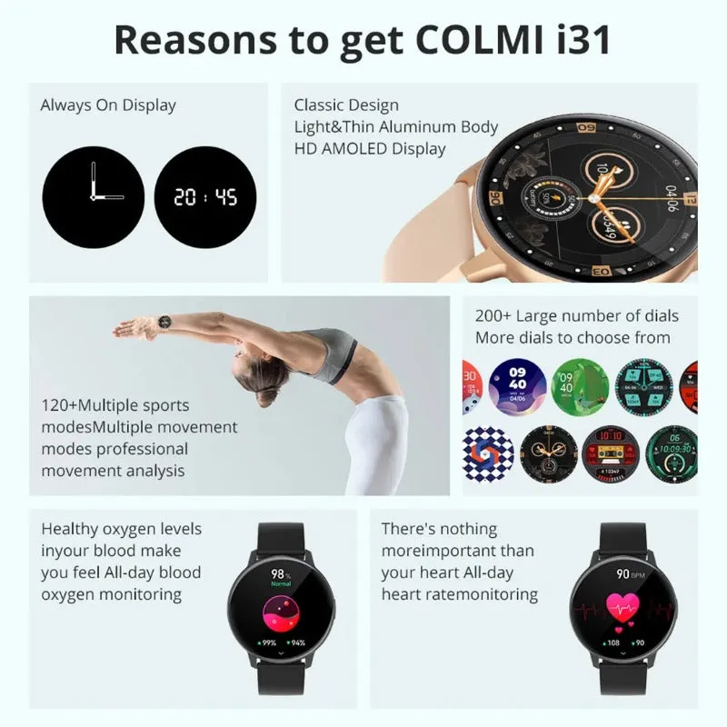 Smartwatch - COLMI i31 AMOLED Display Smart Watch Men Always On Display 100 Sports Modes 7 Day Battery Life Smartwatch Women For All Phone